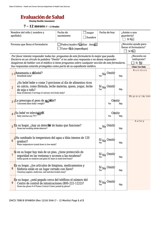 Form Dhcs 7098 - California Staying Healthy Assessment (Spanish) - Health And Human Services Printable pdf