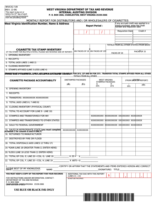 Form Wv/cig-7.09 - Monthly Report For Distributors And/or Wholesalers Of Cigarettes Printable pdf