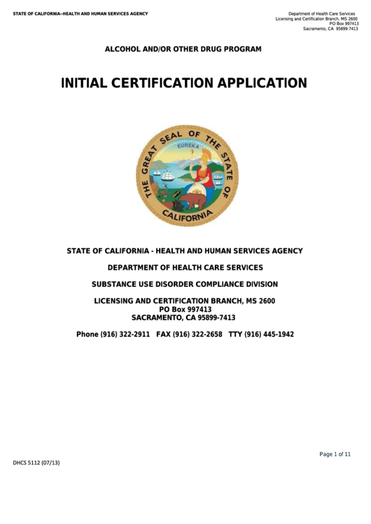 Form Dhcs 5112 - California Initial Certification Application - Health And Human Services Agency Printable pdf