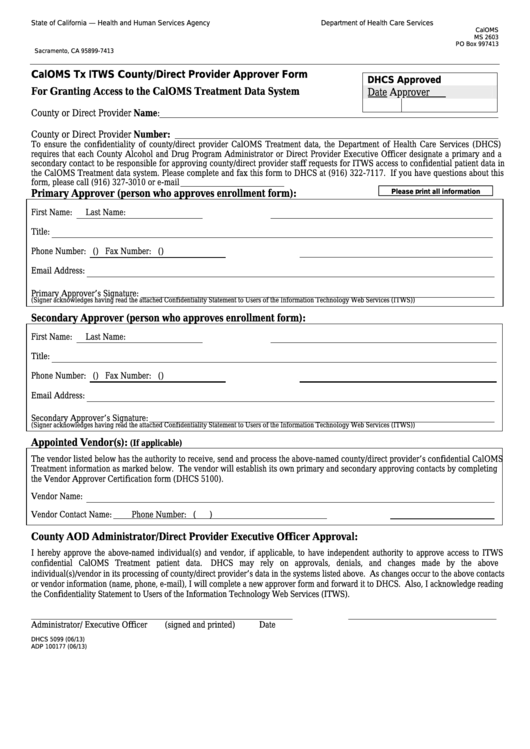 Form Dhcs 5099 - California Caloms Tx Itws County/direct Provider Approver Form - Health And Human Services Agency Printable pdf