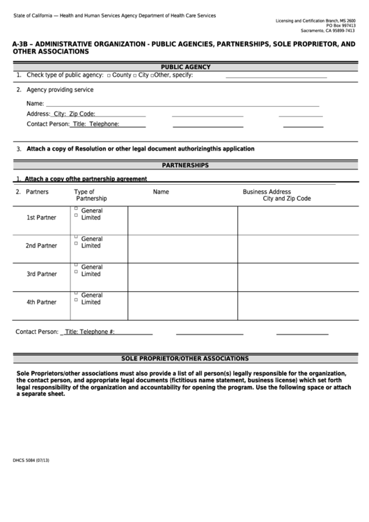 Form Dhcs 5084 - California Administrative Organization Public Agencies, Partnerships, Sole Proprietor, And Other Associations - Health And Human Services Agency Printable pdf