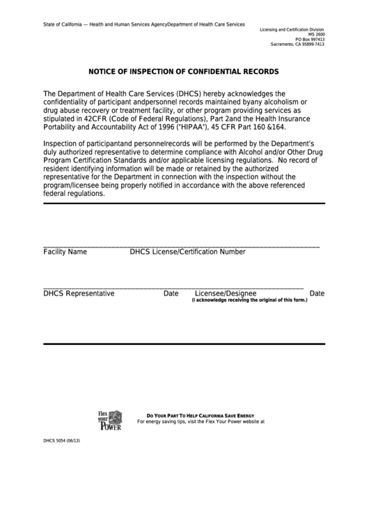 Form Dhcs 5054 - California Notice Of Inspection Of Confidential Records - Health And Human Services Agency Printable pdf