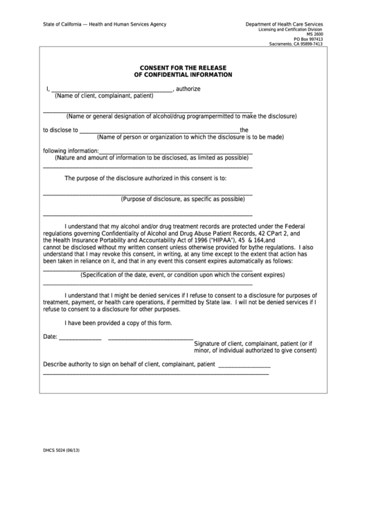 Form Dhcs 5024 - California Consent For The Release Of Confidential Information - Health And Human Services Agency Printable pdf