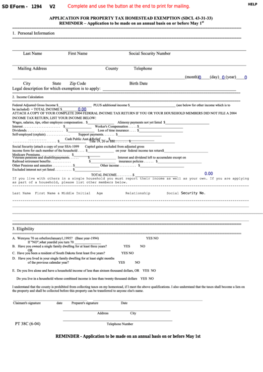 Fillable Form Pt 38c - Application For Property Tax Homestead Exemption Printable pdf