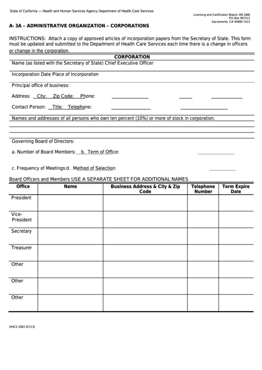 Form Dhcs 5083 - California Administrative Organization Corporations - Health And Human Services Agency Printable pdf