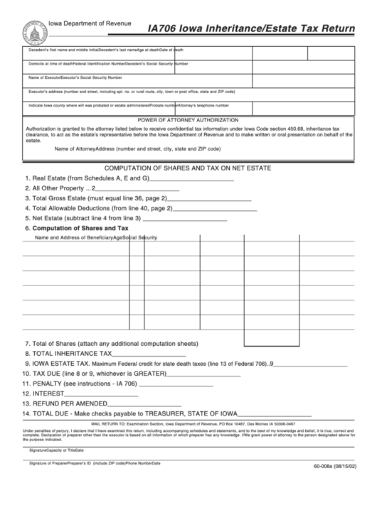 Form Ia706 - Iowa Inheritance/estate Tax Return Printable pdf