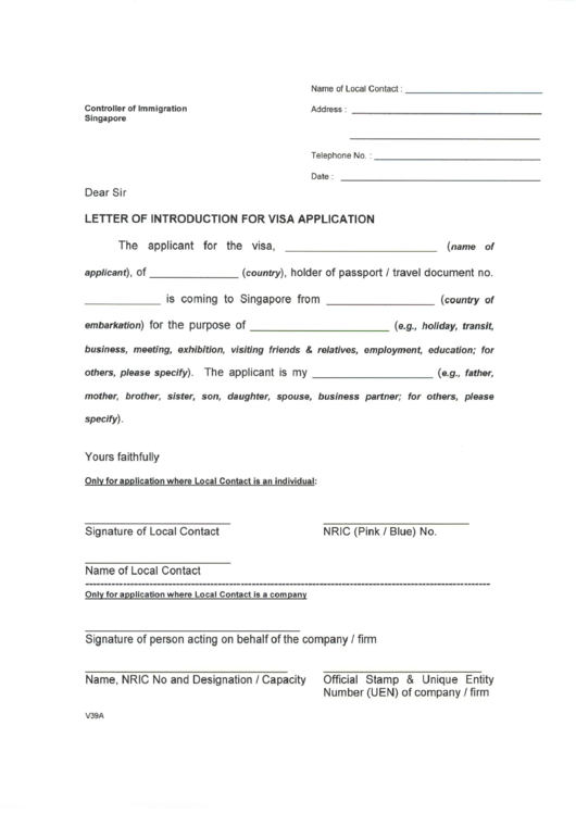 Letter Of Introduction For Visa Application Printable pdf