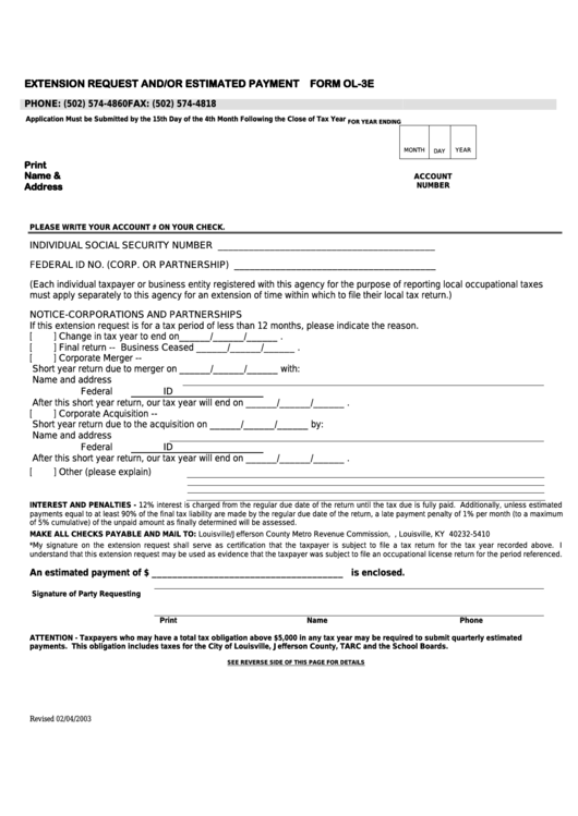 Fillable Form Ol-3e - Extension Request And/or Estimated Payment Printable pdf