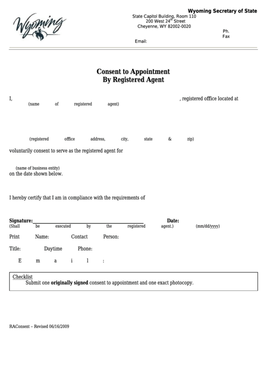 Fillable Consent To Appointment By Registered Agent - Wyoming Secretary Of State Printable pdf