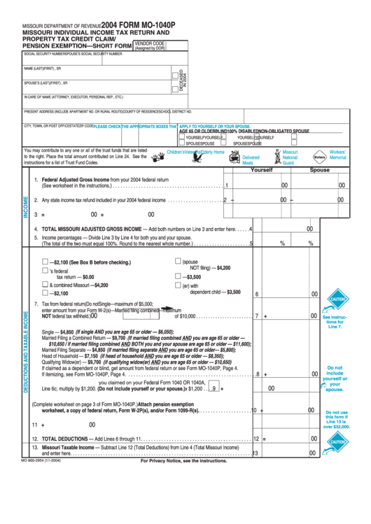 Form Mo-1040p - Missouri Individual Income Tax Return And Property Tax Credit Claim/pension Exemption - Short Form - 2004 Printable pdf
