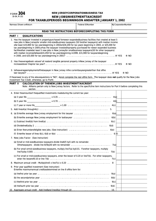 Form 304 - New Jobs Investment Tax Credit - New Jersey Corporation Business Tax Printable pdf