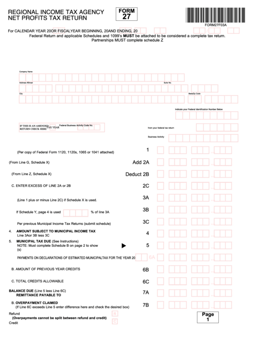 Form 27 - Net Profits Tax Return - Regional Income Tax Agency printable ...