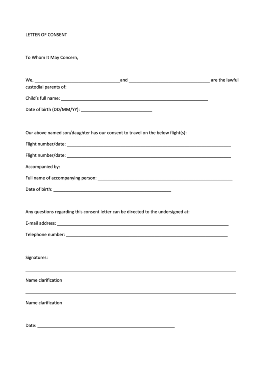 Letter Of Consent For Travel Of A Minor Child Printable pdf