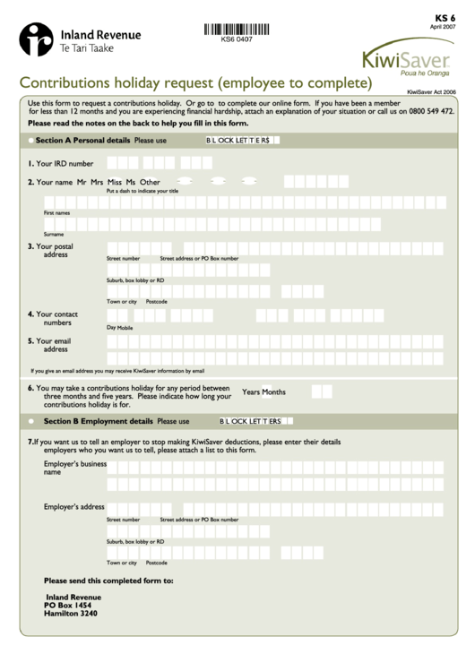 Form Ks 6 - Contributions Holiday Request Printable pdf