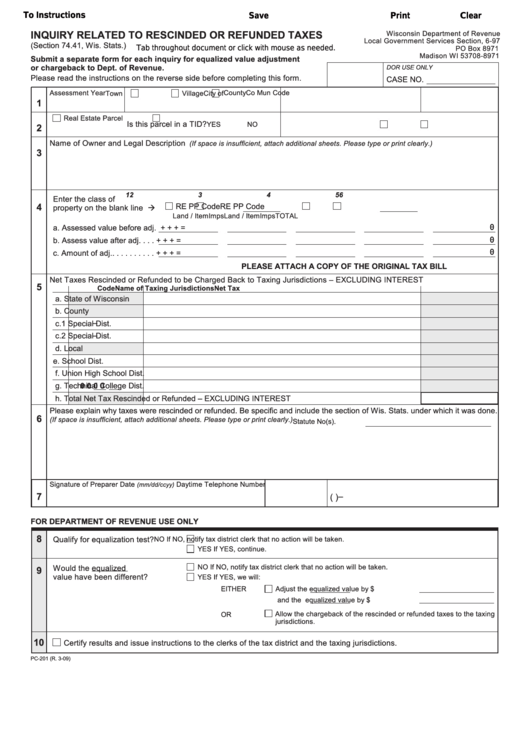 Fillable Form Pc-201 - Inquiry Related To Rescinded Or Refunded Taxes Printable pdf