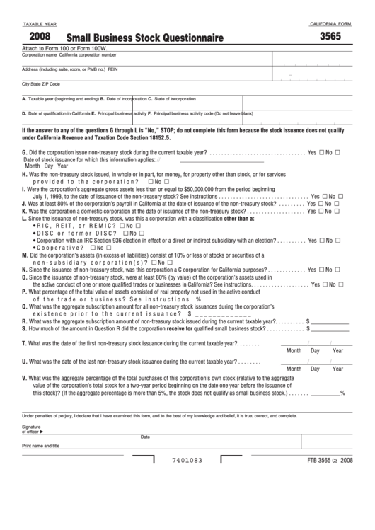 Fillable California Form 3565 - Small Business Stock Questionnaire - 2008 Printable pdf