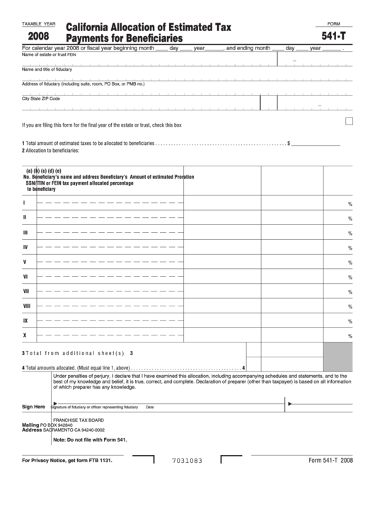 Fillable Form 541-T - California Allocation Of Estimated Tax Payments To Beneficiaries - 2008 Printable pdf