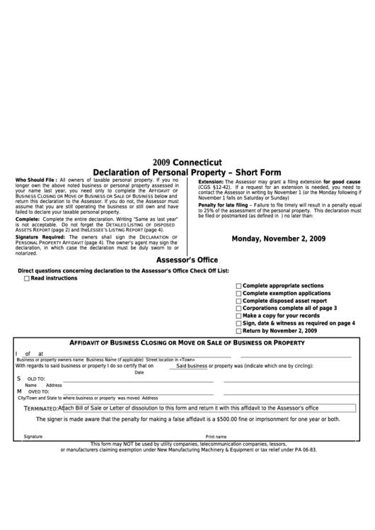 Declaration Of Personal Property - Short Form - Connecticut - 2009 Printable pdf