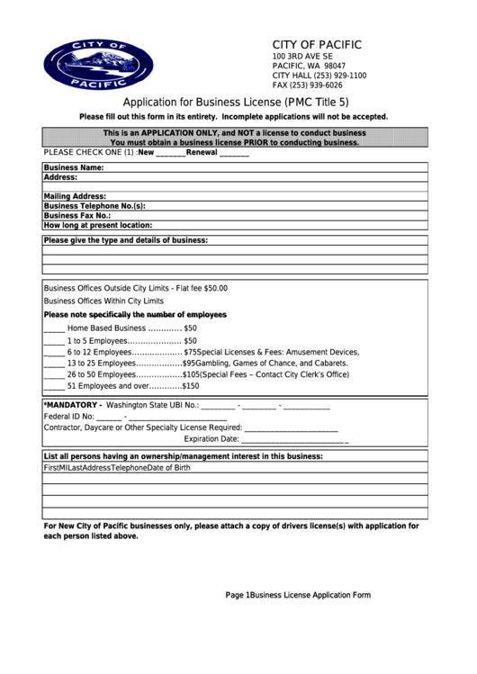 Application For Business License Form - City Of Pacific Printable pdf