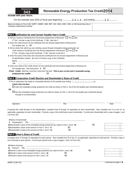 Fillable Arizona Form 343 - Renewable Energy Production Tax Credit - 2014 Printable pdf