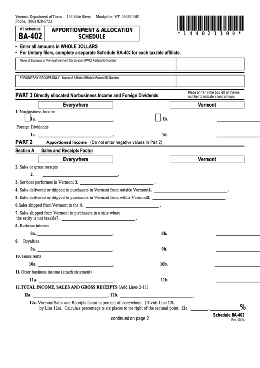Vt Schedule Ba-402 - Apportionment & Allocation Schedule Printable pdf