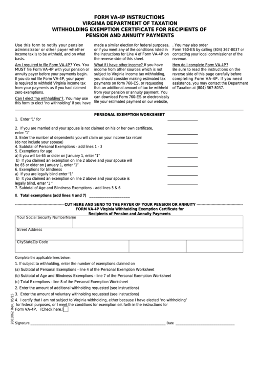 Fillable Form Va-4p - Virginia Withholding Exemption Certificate For Recipients Of Pension And Annuity Payments Printable pdf