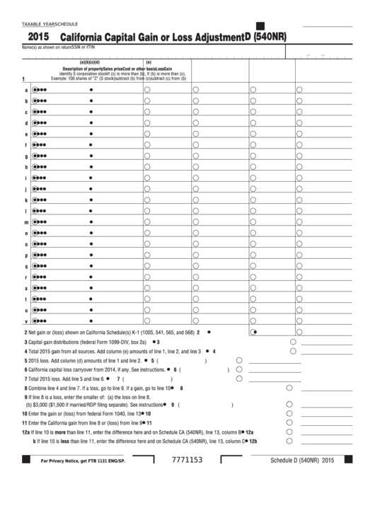 Fillable Schedule D (540nr) - California Capital Gain Or Loss Adjustment - 2015 Printable pdf