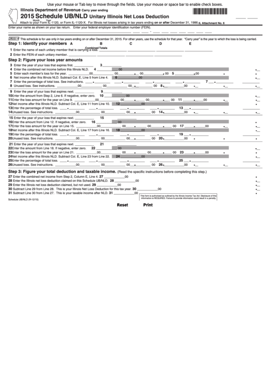 Fillable Schedule Ub/nld - Unitary Illinois Net Loss Deduction - 2015 Printable pdf