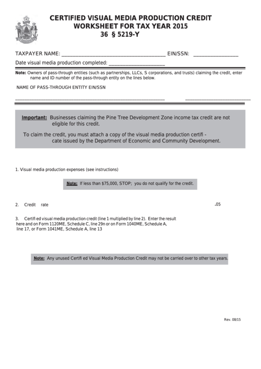 Certified Visual Media Production Credit Worksheet For Tax Year 2015 Printable pdf