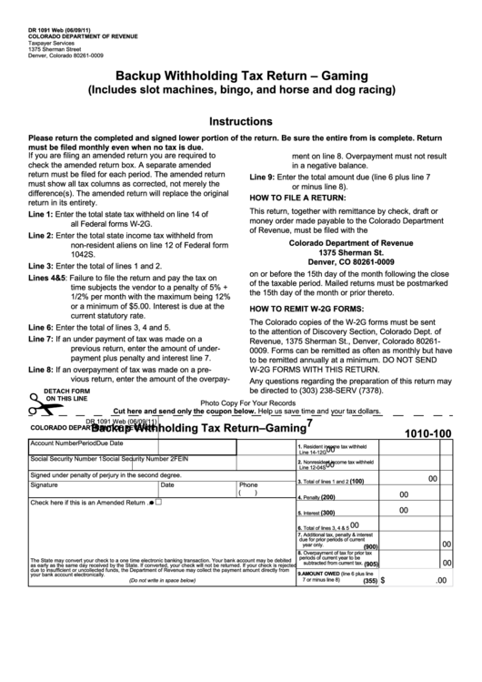 Form Dr 1091 - Backup Withholding Tax Return-Gaming Printable pdf