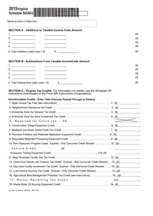 Fillable Virginia Schedule 502adj - 2015 Printable pdf