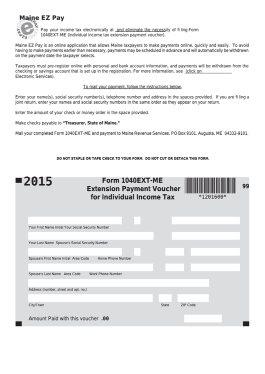 Form 1040ext-Me - Extension Payment Voucher For Individual Income Tax - 2015 Printable pdf
