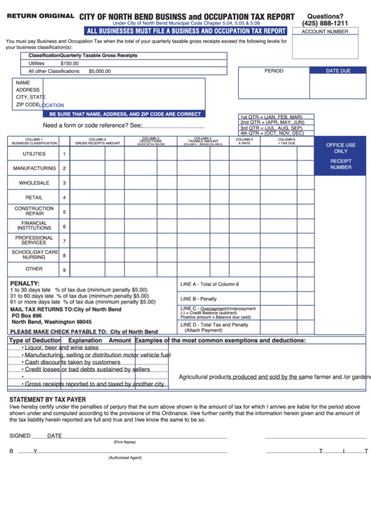 City Of North Bend Business And Occupation Tax Report Form Printable pdf