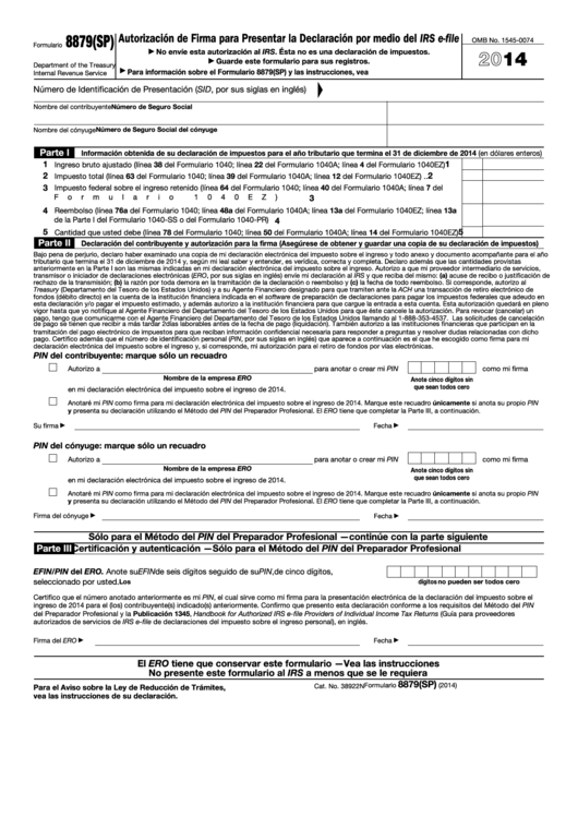 Fillable Formulario 8879(Sp) - Autorizacion De Firma Para Presentar La Declaracion Por Medio Del Irs E-File - 2014 Printable pdf