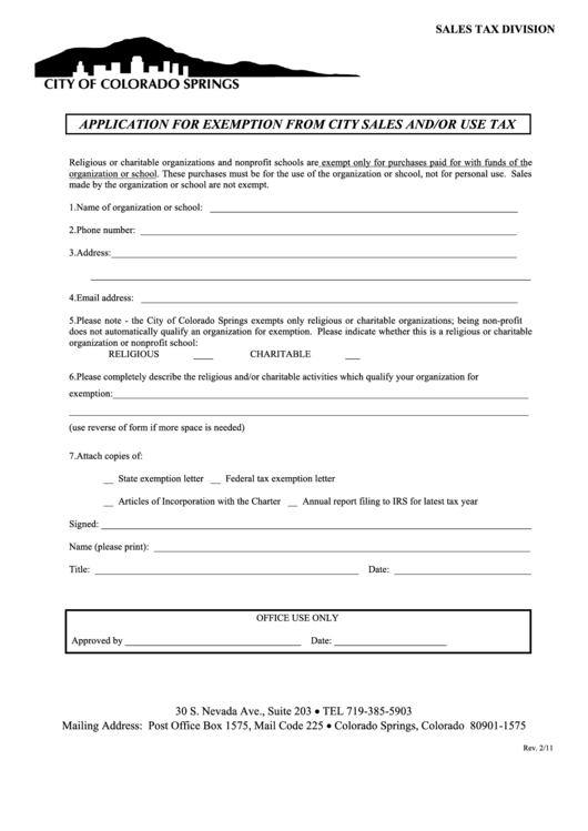 Application For Exemption From City Sales And/or Use Tax - City Of Colorado Springs Printable pdf