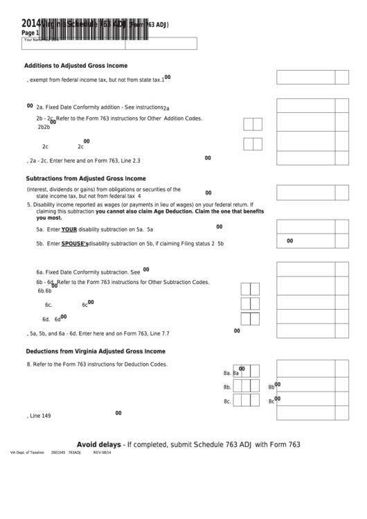 Fillable Virginia Schedule 763 Adj (Form 763 Adj) - 2014 Printable pdf