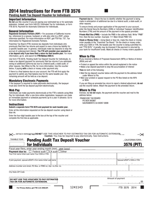 Form 3576 (Pit) - Pending Audit Tax Deposit Voucher For Individuals Printable pdf