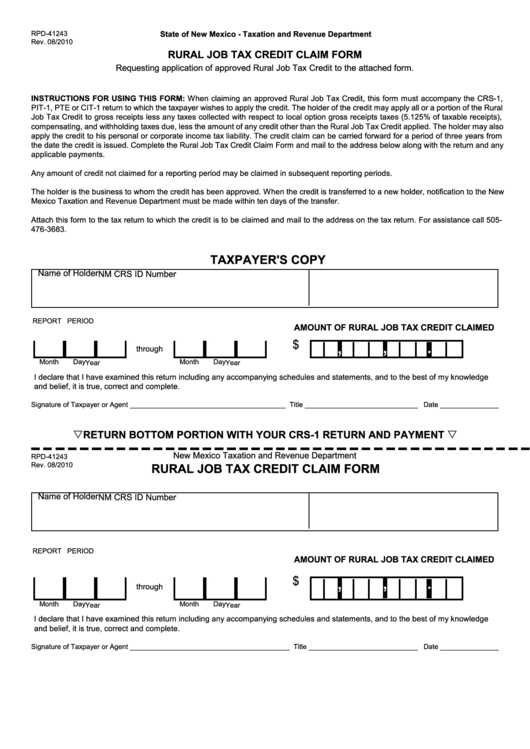 Form Rpd-41243 - Rural Job Tax Credit Claim Form Printable pdf