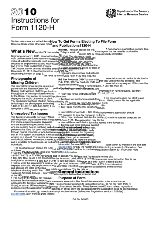 Instructions For Form 1120-H - U.s. Income Tax Return For Homeowners Associations - 2010 Printable pdf