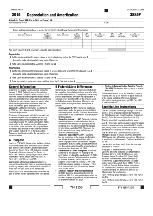 Fillable Form 3885f - Depreciation And Amortization - 2015 Printable pdf