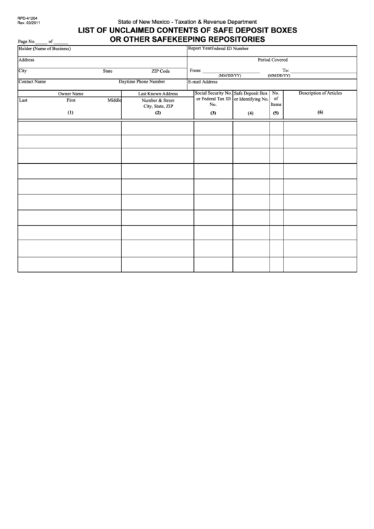 Form Rpd-41204 - List Of Unclaimed Contents Of Safe Deposit Boxes Or Other Safekeeping Repositories Printable pdf