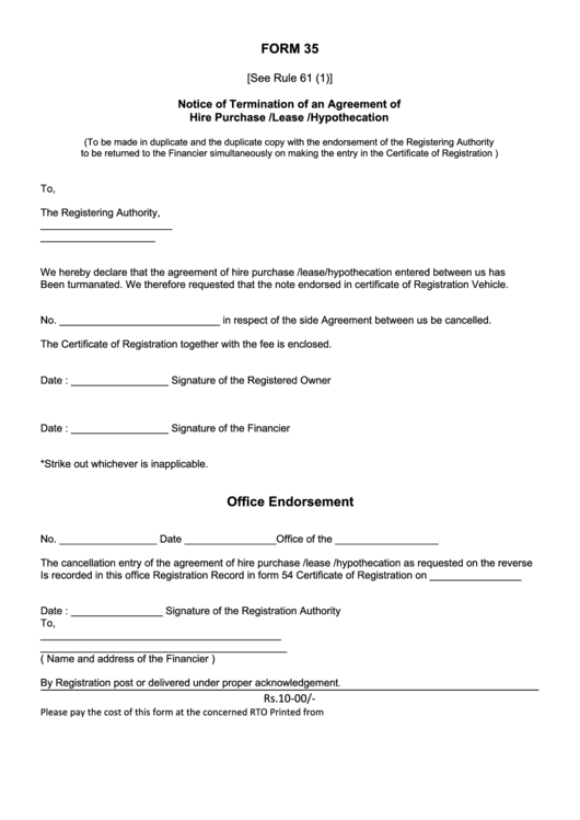 Notice Of Termination Of An Agreement Of Hire Purchase/lease/hypothecation