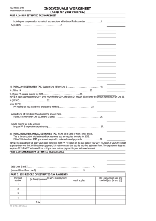 Form Rev-414 - Pa Individuals Worksheet Printable pdf