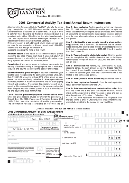 Form Cat 10 - Commercial Activity Tax Semi-Annual Return - 2005 Printable pdf