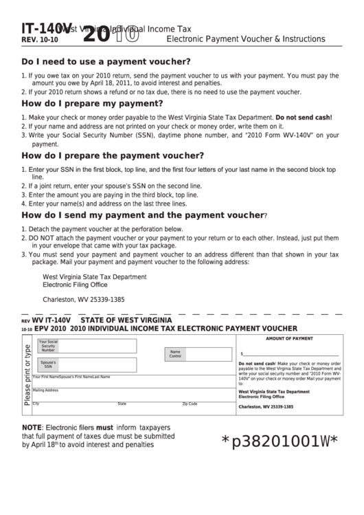 Form It-140v - West Virginia Individual Income Tax Electronic Payment Voucher - 2010 Printable pdf