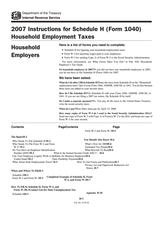 Instructions For Schedule H (Form 1040) - Household Employment Taxes - 2007 Printable pdf