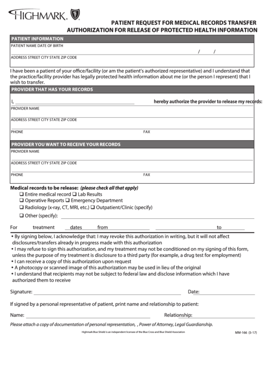 Fillable Highmark Patient Request For Medical Records Transfer Form Printable pdf