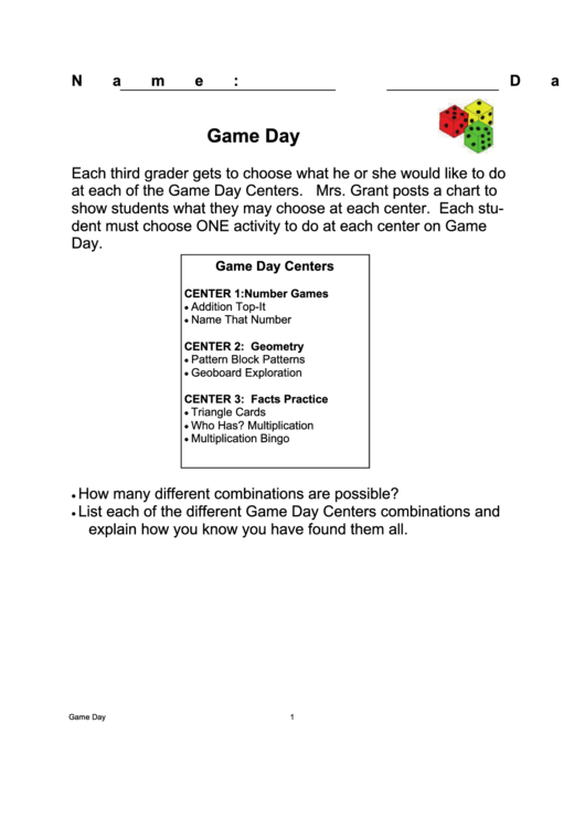 Game Day Preschool Activity Sheet Printable pdf