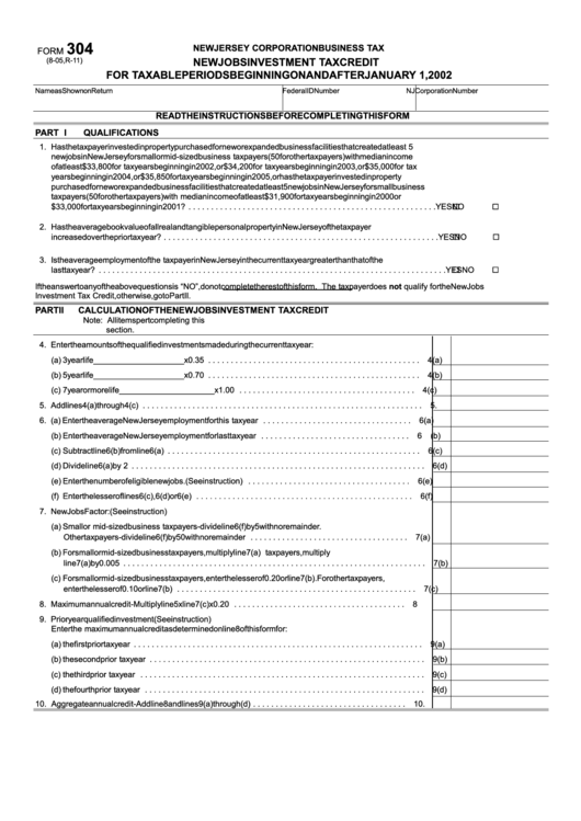 Form 304 - New Jobs Investment Tax Credit Printable pdf