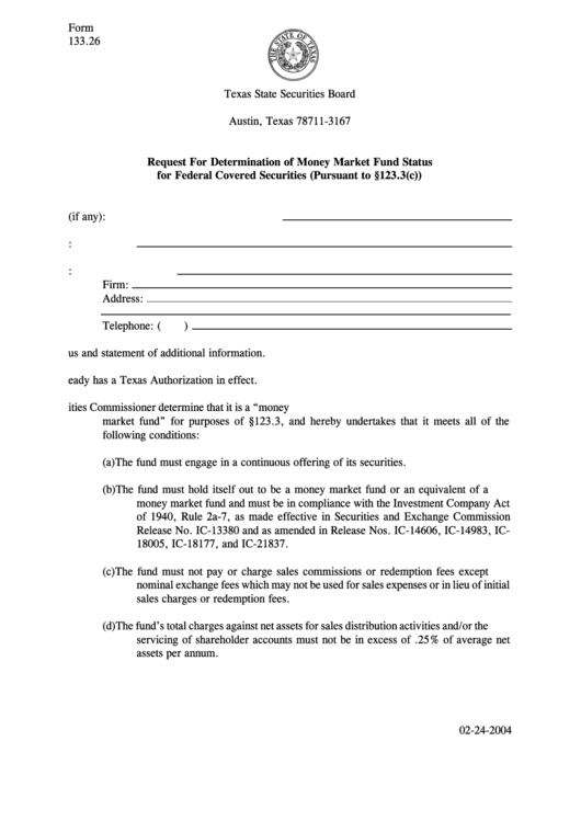 Form 133.26 - Request For Determination Of Money Market Fund Status For Federal Covered Securities Printable pdf